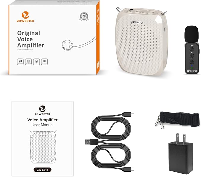 ZOWEETEK Voice Amplifier with 2025 New Wireless Lavalier Lapel Microphone,Personal Teacher Microphone,Portable Speaker Clip On Microphone,Mini Voice Amplifier for Speech,Meeting,Yoga(Pearl White)