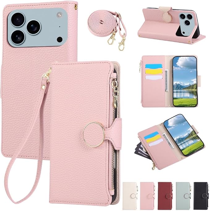 Leather Case for iPhone 17/17 Pro/17 Air/17 Pro Max, Zipper Bag Wallet Flip Cover Stand Function Shoulder Strap All-Round Shockproof Shell,17pro max,White