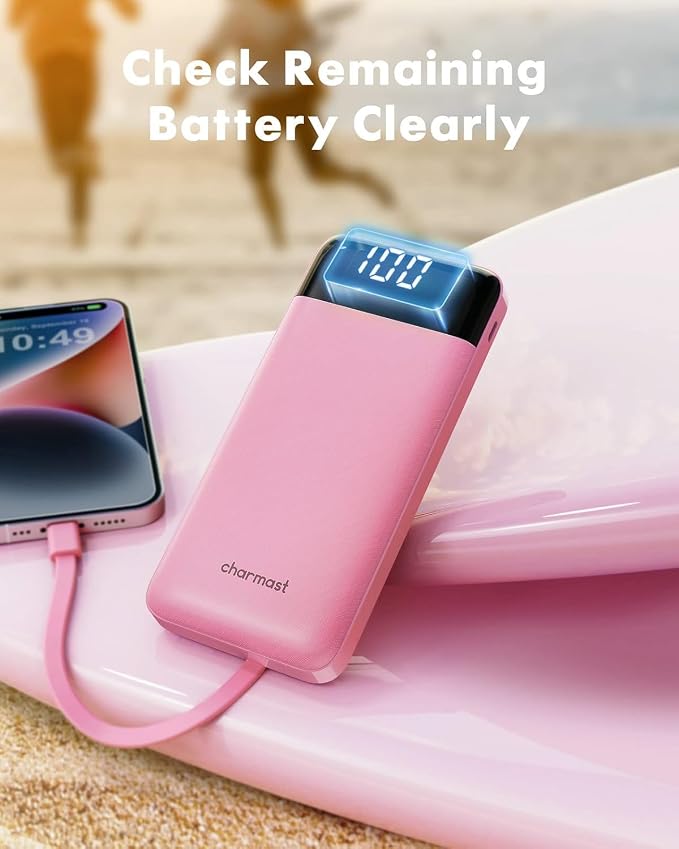 charmast 10000mAh Portable Charger,Built-in 4 Cables,6 Outputs/3 Inputs,3A Fast Charging,Compatible with iPhone,iPad,Samsung,Pixel,LG
