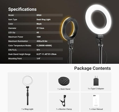 NEEWER Basics 5" LED Desktop Ring Light with Stand, Monitor Clamp, 10W, Compatible with iPhone Desk Computer Laptop Webcam Phone for Selfie Makeup Recording Zoom Video Conference Lighting, Black BR60