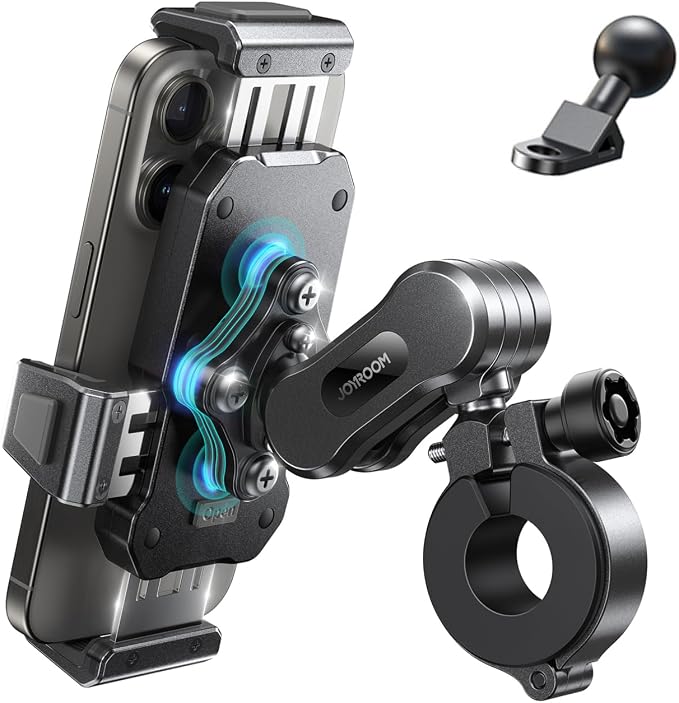 JOYROOM Aluminum Alloy Motorcycle Phone Holder, Metal Motorcycle Phone Mount with Vibration Dampener, for Bike Bicycle Scooter ATV/UTV, Compatible with iPhone, Samsung, All Cell Phones