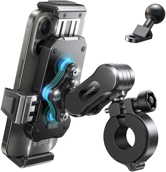 JOYROOM Aluminum Alloy Motorcycle Phone Holder, Metal Motorcycle Phone Mount with Vibration Dampener, for Bike Bicycle Scooter ATV/UTV, Compatible with iPhone, Samsung, All Cell Phones
