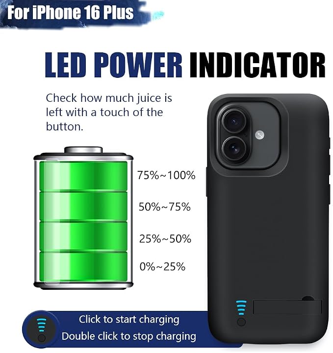 Battery Case for iPhone 16 Plus, 6000mAh Rechargeable Extended Battery Charging/Charger Case, Add 100% Extra Juice (6.7 Inches) Black