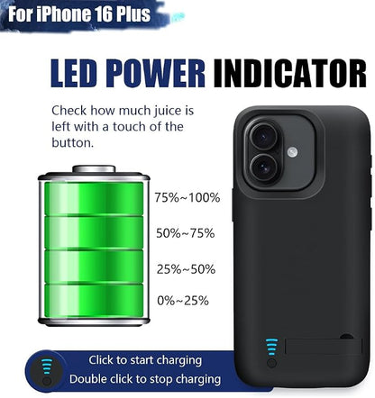 Battery Case for iPhone 16 Plus, 6000mAh Rechargeable Extended Battery Charging/Charger Case, Add 100% Extra Juice (6.7 Inches) Black