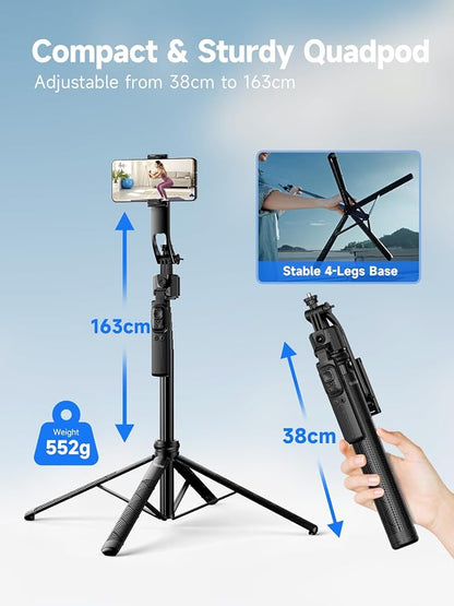 Rollei Auto Face Tracking Tripod, Smartphone Gimbal Stabilizer 64'' Selfie Stick Tripod Holder 360° Rotation for iPhone/Android Stand for Filming Streaming Tiktok Video Vlog
