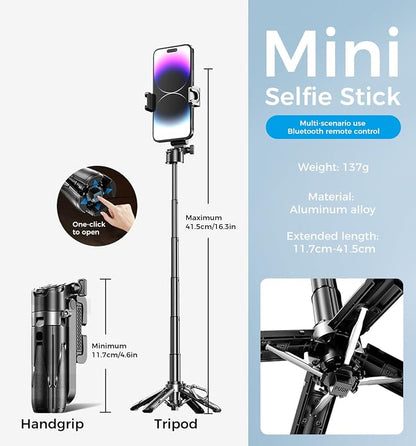 MAGIC JOHN Phone Tripod, Portable Selfie Stick, Pocket Size Selfie Stick for iPhone, Tripod for Phone with Detachable Remote Control for Photograph, Live Streaming, Video Recording
