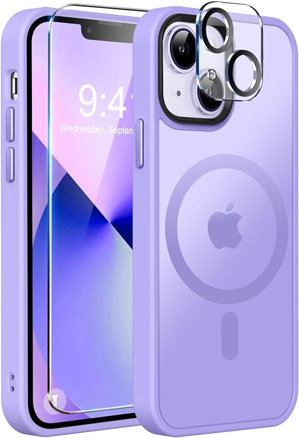 MOCCA Strong Magnetic for iPhone 13 Case, [Compatible with Magsafe][Screen Protector+Camera Lens Protector] Translucent Matte Back Slim Shockproof Case for iPhone 13 Phone Case 6.1", Light Purple