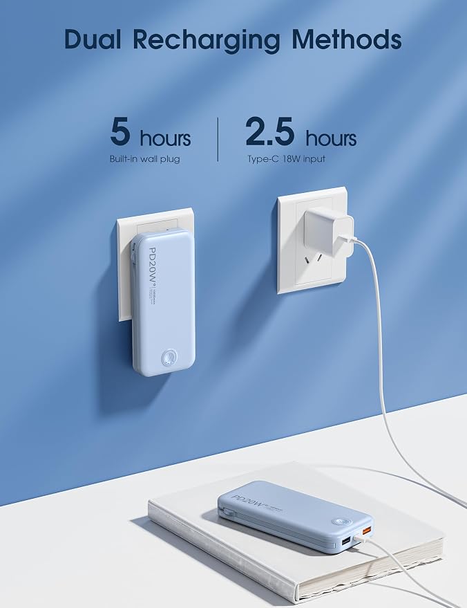 Nusyddy Portable Charger 10000mAh PD20W w/Built-in Cables & Wall Plug Blue | PD20W Fast Charging, Battery Indicator, Pass Through Charging, TSA Approved, Compact/Slim, Power Bank for iPhone/iPad/Samsung