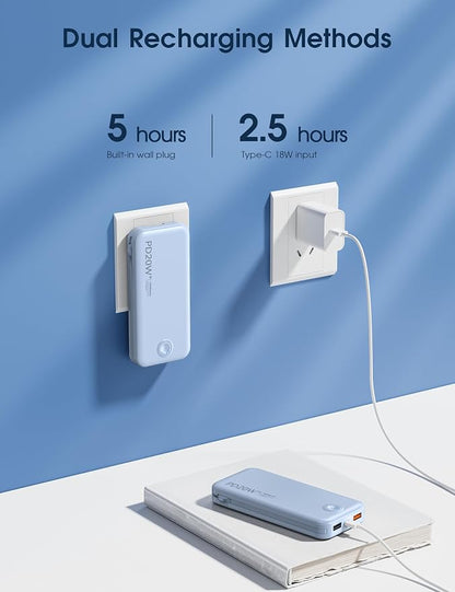 Nusyddy Portable Charger 10000mAh PD20W w/Built-in Cables & Wall Plug Blue | PD20W Fast Charging, Battery Indicator, Pass Through Charging, TSA Approved, Compact/Slim, Power Bank for iPhone/iPad/Samsung