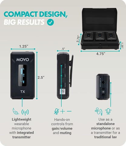 Movo WMX-2-DUO Wireless Camera Microphone Lapel Mic with Charging Case - Lav Mic, Wireless Lapel Microphone 2.4GHz Lavalier, Lav Mic for Vlogging, DSLR, Computer