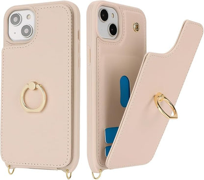 Lipvina for iPhone 14 Plus Case with Card Holder for Women,Phone Case with Strap,Crossbody Lanyard,RFID Blocking,Ring Stand,Snap Clasp,Cute Wallet Cases 6.7 inch (Beige)
