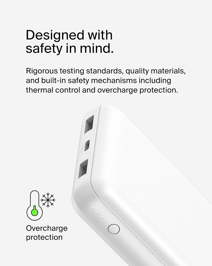 Belkin Portable Charger, USB C Power Bank 20000 mAh w/ 1xUSB-C Port & 2xUSB-A Ports, 15W w/Type-C to Type-A Cable - iPhone 17, Samsung Galaxy S25, Nintendo Switch 2, Google Pixel 10, etc. - White