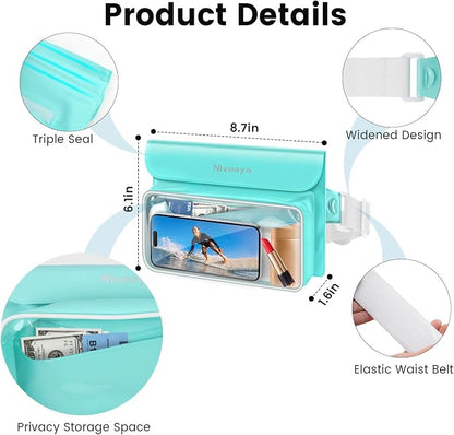 Niveaya IPX8 Waterproof Fanny Pack - 2 Pack, Floating Dry Bag Pouch, Phone Waterproof Waist Pouch Dry Bag, Beach, Kayaking, Swimming, Boat Essentials, for iPhone 17/16/15/14/13/12 Pro Max up to 9.5"