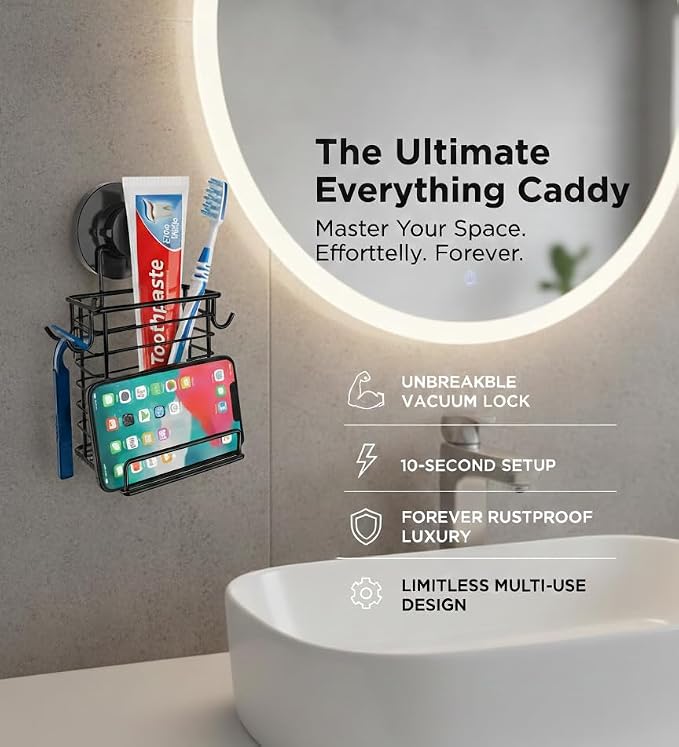 Toothbrush Holder Suction Cup Wall Mounted Toothpaste and Toothbrushes Holder Shelf for Soap Dish or Phone Powerful Vacuum System Rustproof Stainless Steel Organizer Electric Toothbrush (Black)