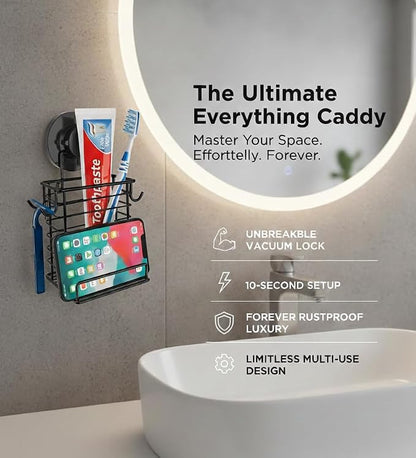 Toothbrush Holder Suction Cup Wall Mounted Toothpaste and Toothbrushes Holder Shelf for Soap Dish or Phone Powerful Vacuum System Rustproof Stainless Steel Organizer Electric Toothbrush (Black)