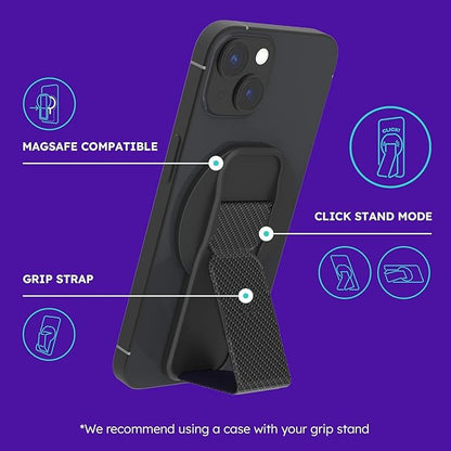 CLCKR for MagSafe Phone Grip for MagSafe Kickstand for Mag Safe Finger Loop, 3-in1 Phone Ring Holder Strap for Mag Safe iPhone 17/16/15/14/13/12 Series, Galaxy S25/S24/S23/S22, Pixel - Carbon
