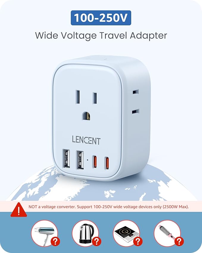 LENCENT European Travel Plug Adapter US to Europe Type-C Foldable Plug | with 4 Outlets 4 USB Ports (2 USB C), Power Adaptor for USA to EU Euro Iceland Spain Italy France Germany Greece, Blue