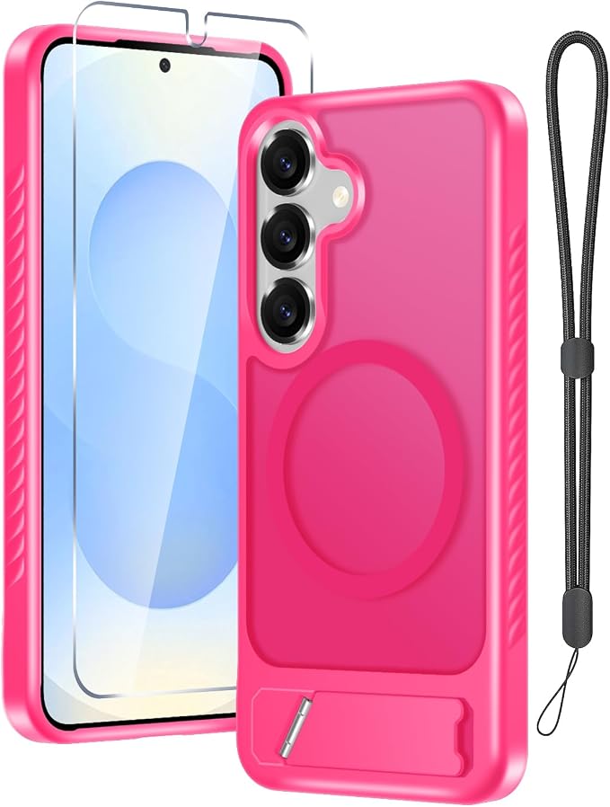 RMOCR for Samsung Galaxy S25 Case with Screen Protector+Lanyard Wrist Strap,Magnetic Translucent Matte Rugged Slim Phone Cover Built in Invisible Kickstand [Fit for MagSafe],2025 Hot Pink