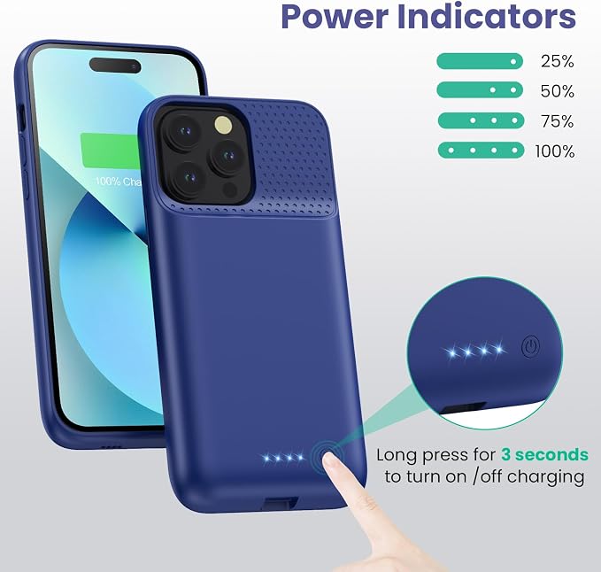 Battery Charging Case for iPhone 12Pro Max/13Pro Max/14Pro Max/14Plus (6.7 Inch), Powerful 8600mAh Portable Rechargeable Charger Cover for iPhone 14ProMax/14Plus/13Promax/12Promax Battery Case-Blue