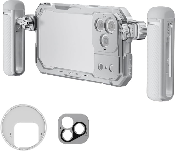 NEEWER Phone Cage Kit Compatible with iPhone 17 Pro Only, Video Rig Stabilizer Accessories with 67mm Filter Ring, 17mm Lens Backplate, T Mount Adapter, Two Quick Release Handles, PA143 (Silver)
