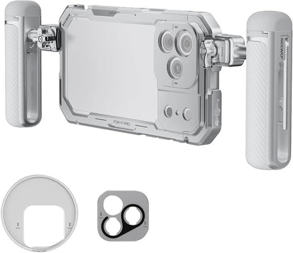 NEEWER Phone Cage Kit Compatible with iPhone 17 Pro Only, Video Rig Stabilizer Accessories with 67mm Filter Ring, 17mm Lens Backplate, T Mount Adapter, Two Quick Release Handles, PA143 (Silver)
