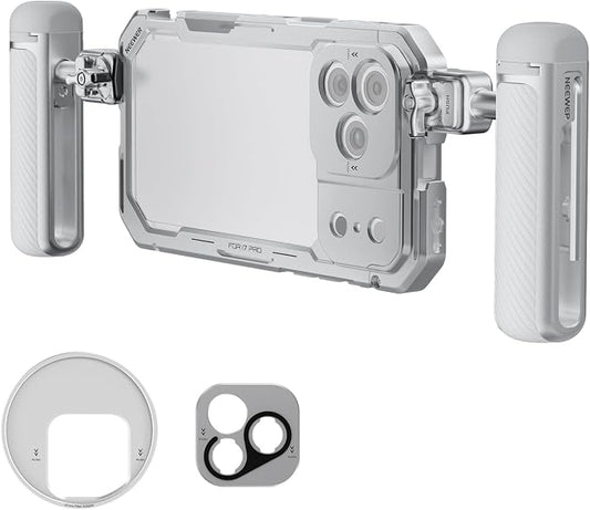 NEEWER Phone Cage Kit Compatible with iPhone 17 Pro Only, Video Rig Stabilizer Accessories with 67mm Filter Ring, 17mm Lens Backplate, T Mount Adapter, Two Quick Release Handles, PA143 (Silver)