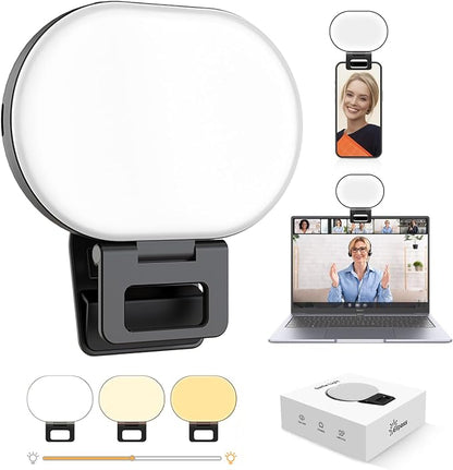 Selfie Light Clip-Must-Have for Influencers 3 Light Modes Side-Emitting Protects Eyes Fill Light for Phone, iPad & Laptop Rechargeable for iPhone&Android for Video Recording TikTok&Vlogging (Black)
