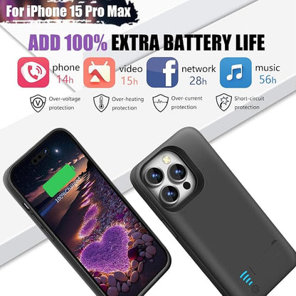 Battery Case for iPhone 15 Pro Max, 6000mAh Rechargeable Extended Battery Charging/Charger Case, Add 100% Extra Juice (6.7 inch) Black