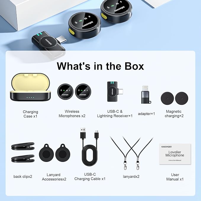 Wireless Lavalier Microphone for iPhone 16/15/14/13, iPad & Android, Magnetic Clip-on Mini Mic with Charging Case,30H Playtime Plug-Play Lapel Lavalier Mic for Vlog TikTok, AI Noise Reduction