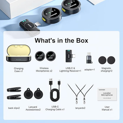 Wireless Lavalier Microphone for iPhone 16/15/14/13, iPad & Android, Magnetic Clip-on Mini Mic with Charging Case,30H Playtime Plug-Play Lapel Lavalier Mic for Vlog TikTok, AI Noise Reduction