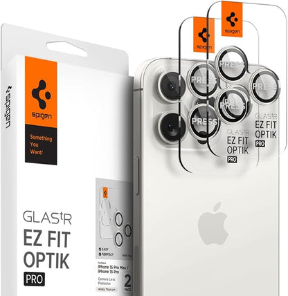Spigen Camera Lens Screen Protector [GlasTR EZ Fit Optik Pro] Designed for iPhone 17 Pro Max | iPhone 17 Pro | iPhone 16 Pro Max | 16 Pro | iPhone 15 Pro Max | 15 Pro [Case Friendly] - White Titanium [2 Pack]