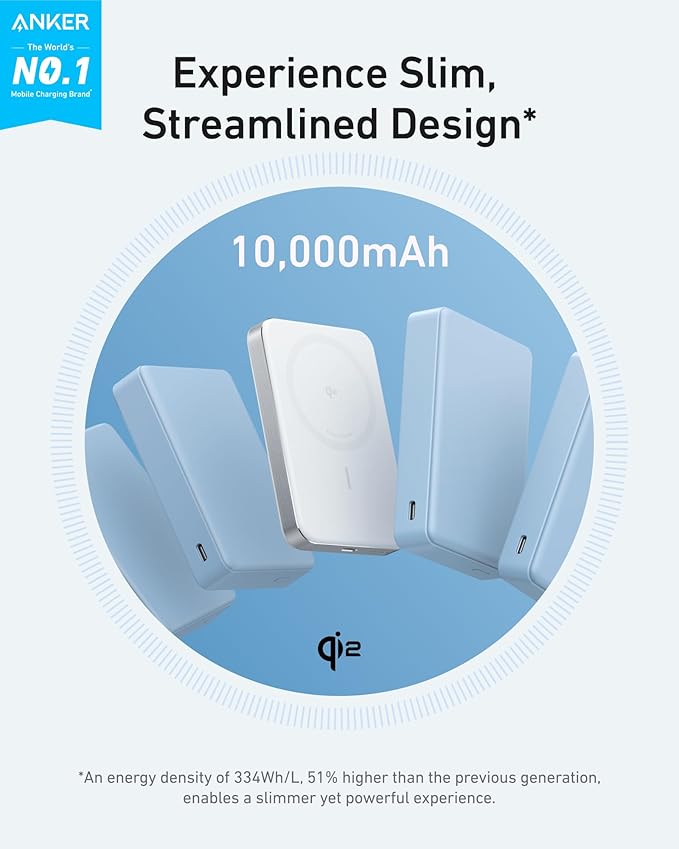 Anker MagGo Power Bank, Ultra Slim 10000mAh Magnetic Battery Pack, Qi2 Certified, Portable, 15W Ultra Fast MagSafe Compatible Charger, Ergonomic Design, Only for iPhone 17/16/15/14