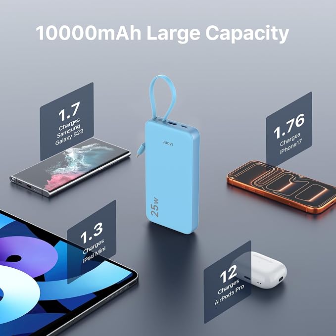 JUOVI 25W Portable Charger 10000mah Power Bank Built-in USB-C Cable | Battery Pack with LED Display, Portable Phone Charger for iPhone 17 16 15 14 Samsung S24 S23 iPad Tablets