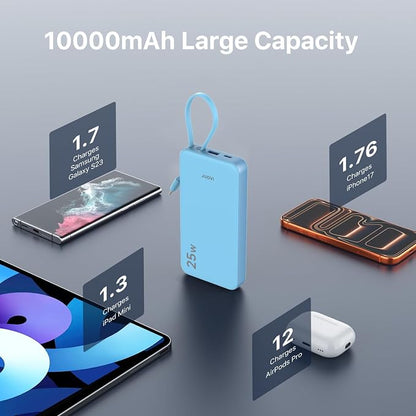 JUOVI 25W Portable Charger 10000mah Power Bank Built-in USB-C Cable | Battery Pack with LED Display, Portable Phone Charger for iPhone 17 16 15 14 Samsung S24 S23 iPad Tablets
