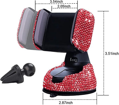 SUNCARACCL Bling Car Phone Holder, 360°Adjustable Crystal Auto Phone Mount Universal Rhinestone Car Stand Phone Holder Car Accessories for Windshield Dashboard and Air Outlet (Red)