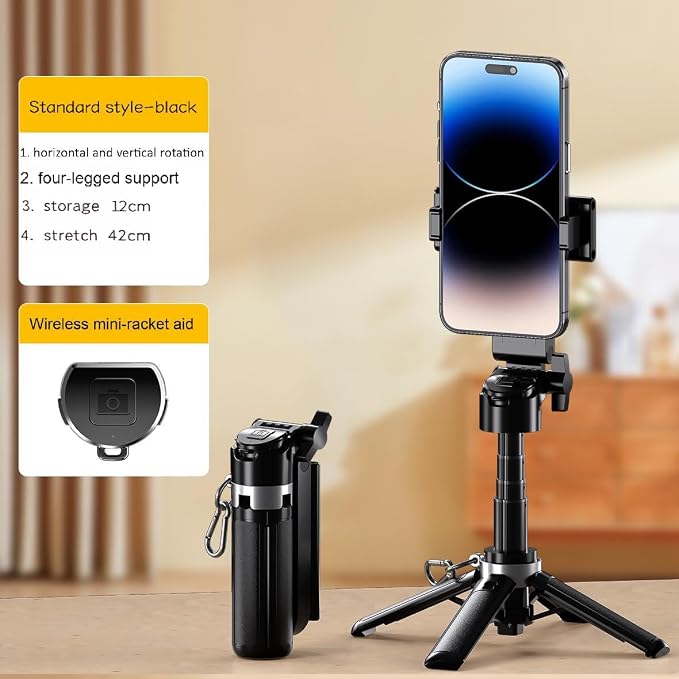 Mini Selfie Stick Tripod Stand for iPhone ，6-Section Adjustable Height Extension (12-42cm)，10 Meter Remote One Click Control ，Suitable for Travel/Live Streaming/Outdoor Multiple Scenes