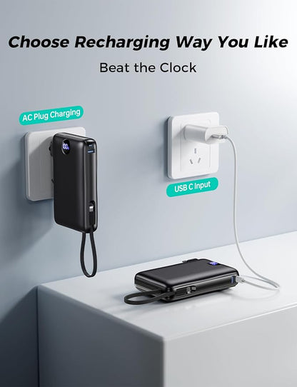 Portable Charger with Built-in Cables & Wall Plug, 50000mAh Power Bank, 4 Outputs 22.5W USB C Fast Charging, Slim Travel Battery Pack with LED Display for iPhone 17/16/15/14, Dark