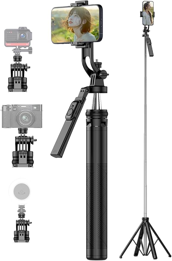 Selfie Stick, Phone Tripod 71" Stand 360 Rotation with Detachable Phone Holder & Wireless Remote, Compatible with All Cell Phones, Camera for Content Creator Vlog Live Stream Video Record