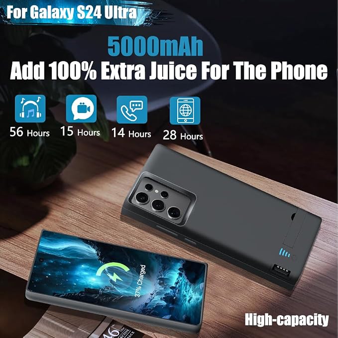 Sitong Battery Case for Samsung Galaxy S24 Ultra, 5000mAh Rechargeable Extended Battery Charging Charger Case, Add 100% Extra Juice, Not Compatible with S24 or S24+ (6.8 inch) Black