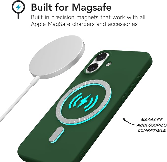 for iPhone 16 Plus Case Silicone Compatible with Magsafe Case, Ultra Slim Thin Magnetic Phone Cases Mag Safe, Cute Soft Rubber Gel TPU Matte Plain Wireless Charging Cover for Women, Dark Green