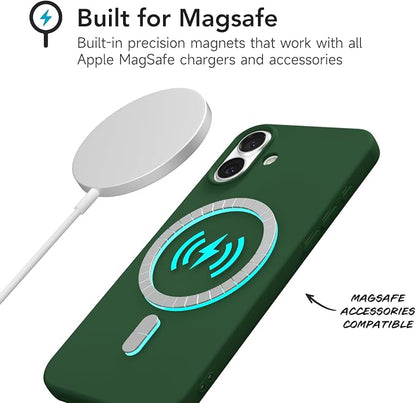 for iPhone 16 Plus Case Silicone Compatible with Magsafe Case, Ultra Slim Thin Magnetic Phone Cases Mag Safe, Cute Soft Rubber Gel TPU Matte Plain Wireless Charging Cover for Women, Dark Green