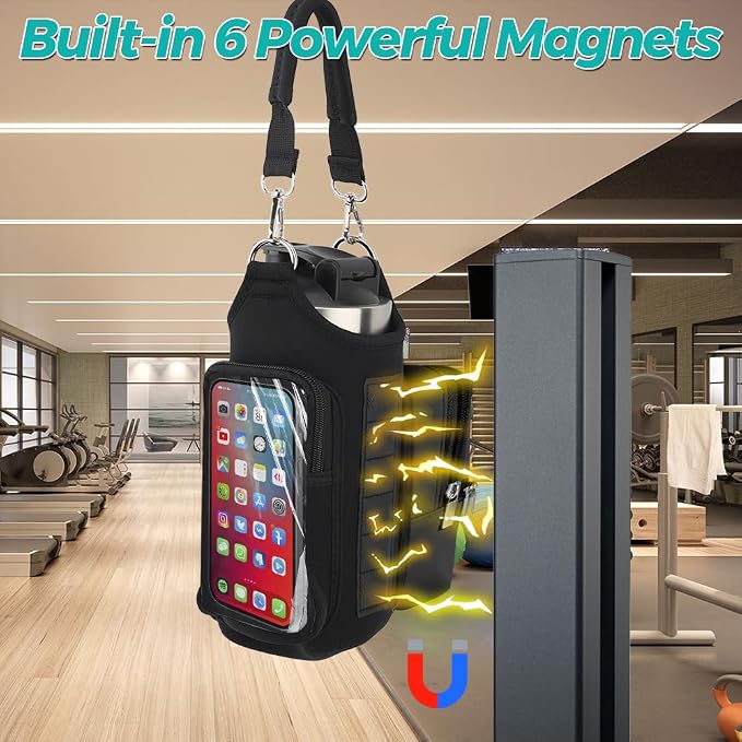 Joyzan Magnetic Gym Bag, Water Bottle Small Holder for Men Portable Fitness Sling Carrier Pouch Sleeve Phone Pockets Adjustable Strap 6 Magnets Crossbody Organizer Women Travel Sports Workout Fitness