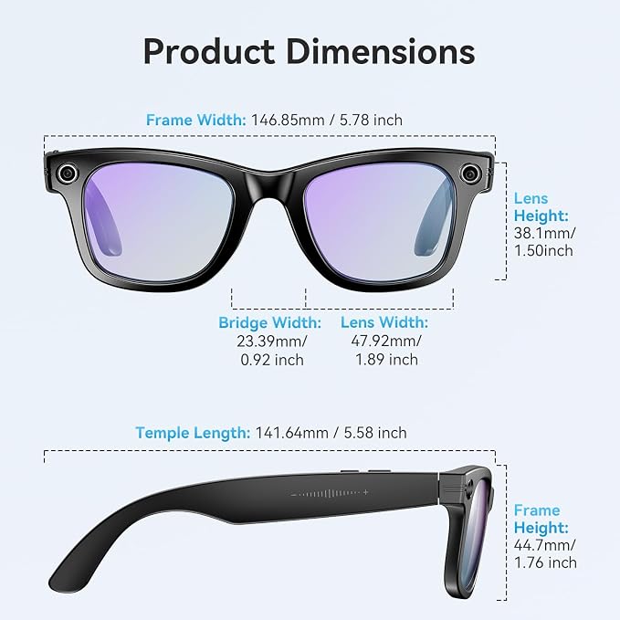 AI Smart Glasses for Men Women with Camera,8MP 2K HD Camera Glasses,AI Voice Control and Translation,Smart Anti-Blue Light Glasses with Bluetooth Call,IP67 Waterproof for Driving,Outdoor,+2 Lenses.