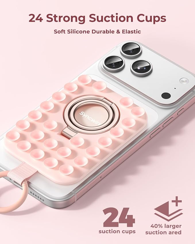 Syncwire Magnetic Phone Grip MagSafe Compatible Phone Ring Holder with Silicone Suction Cup Dual Ring Phone Stand for Mirror Selfie Video Recording Hands Free Use,Blush Pink