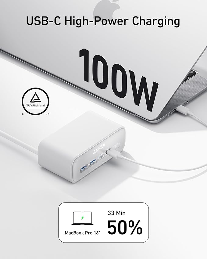 Anker Nano Charging Station(100W Max), 7-in-1 USB C Power Strip for iPhone 16/15/14 and MacBook Air/Pro, 5ft Thin Cord,3AC, 2USB A,2USB C,Power Delivery Desktop Accessory for Home&Office(White)