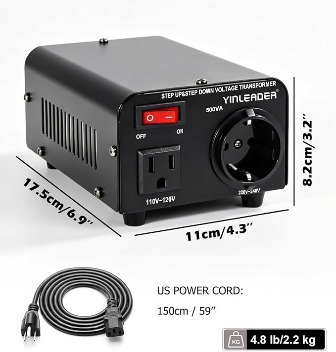 Yinleader 110v to 220v European Voltage Converter Transformer 500W | Step Up Converter 110/120 Volt to 220/230/240 Volt or Step Down 220 to 110,[110V US Power Cord Included Only, No 220V Cord]