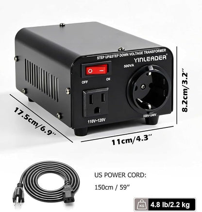 Yinleader 110v to 220v European Voltage Converter Transformer 500W | Step Up Converter 110/120 Volt to 220/230/240 Volt or Step Down 220 to 110,[110V US Power Cord Included Only, No 220V Cord]