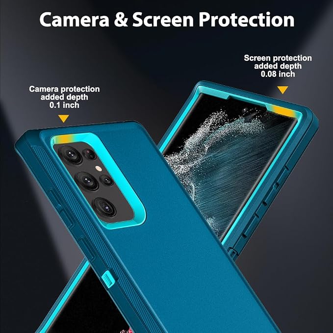 for Samsung Galaxy S22 Ultra Case with 2Pcs Self Healing Flexible TPU Screen Protector & Camera Lens Protector, 3 in 1 Heavy Duty Shockproof/Drop Proof/Dust Proof Case (Blue/Turquoise)