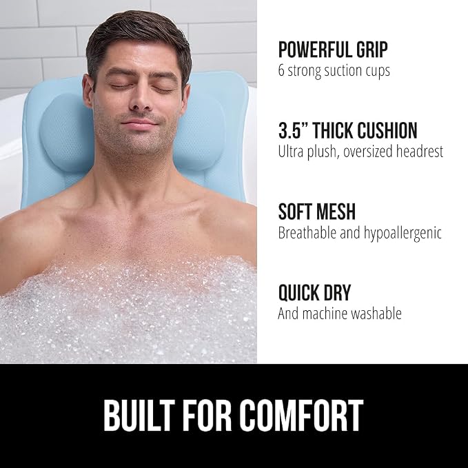 GORILLA GRIP Bath Pillow for Tub, 6 Strong Suction Cups, 4D Mesh FlexComfort Headrest for Neck, Head and Back Support, Luxury Machine Washable Pillows, Bathtub Accessories, Spa Gifts for Women, Blue