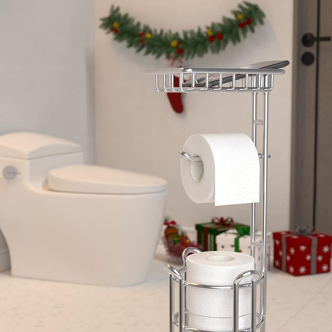 TreeLen Toilet Paper Holder Stand Toilet Tissue Roll Holder with Shelf for Bathroom Storage Holds Phone/ Wipe/ Mega Rolls-Shiny Chrome